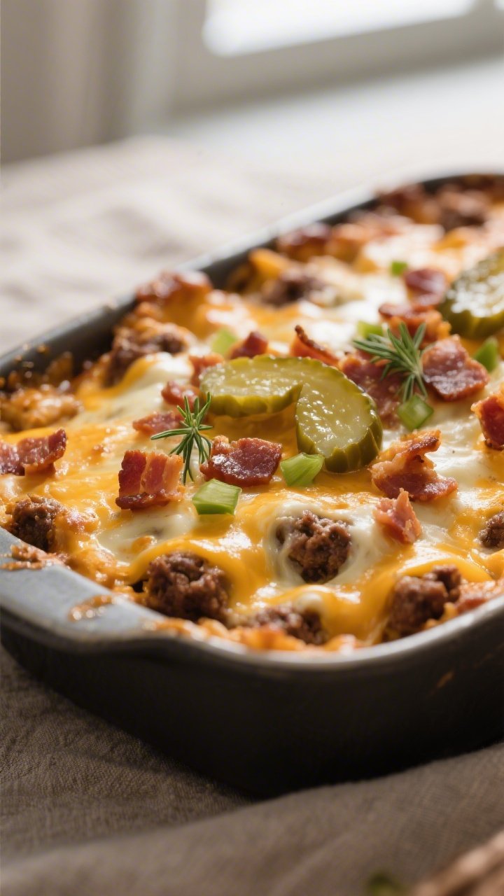 Close-up detail: Golden, bubbling Keto Loaded Bacon Cheeseburger Casserole just out of the oven, sho
