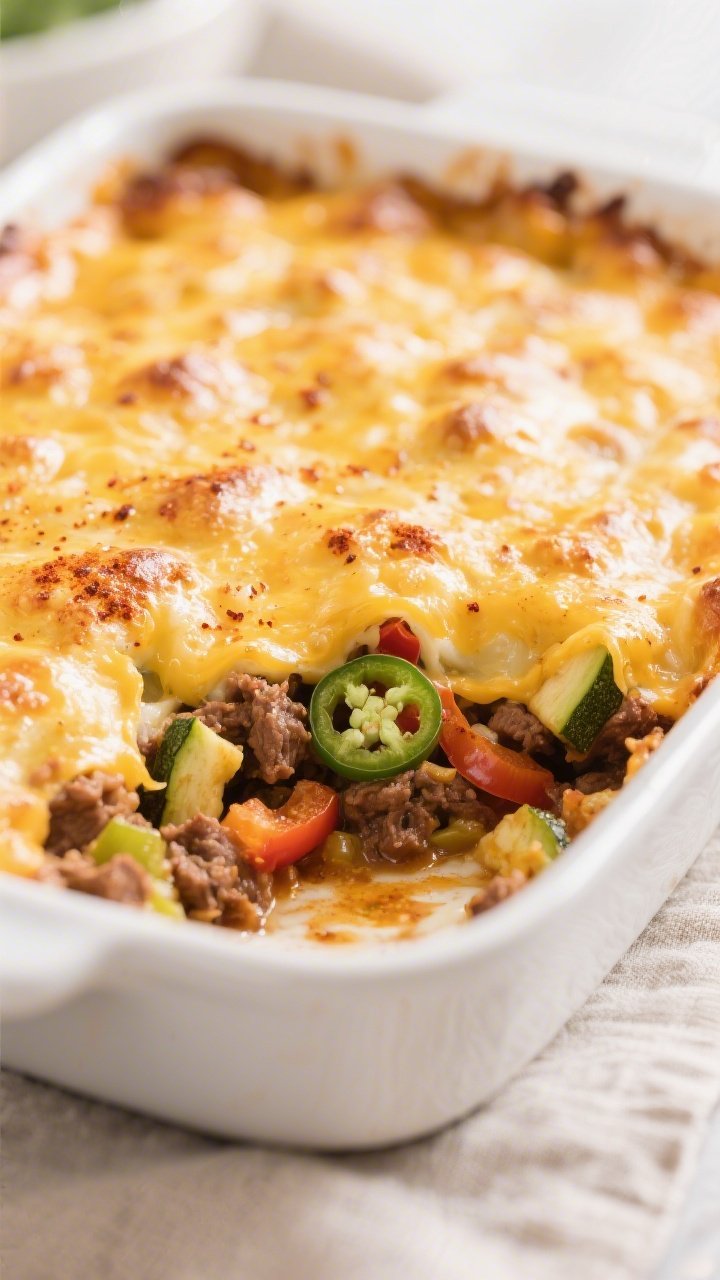 Close-up detail: Golden, bubbly cheese crust on a just-baked Keto Cheesy Taco Casserole, with crispe