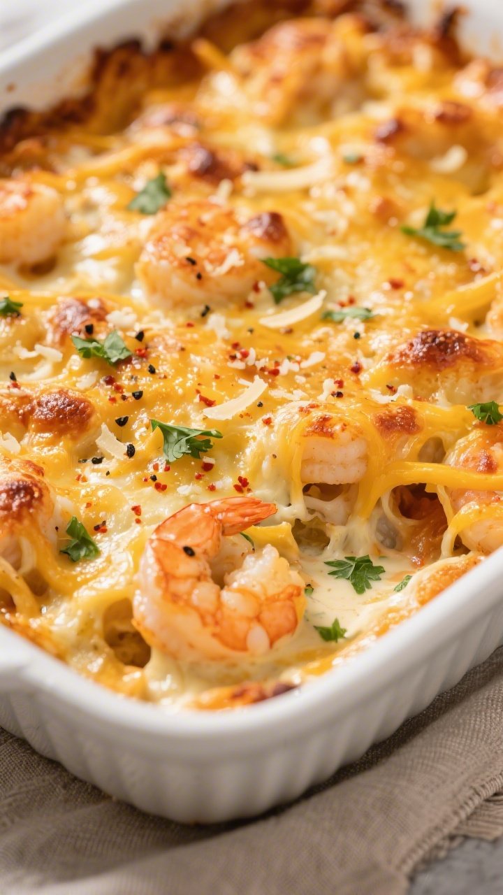 Close-up detail: Golden, bubbly cheesy crust on a baked keto shrimp casserole, showing blistered che