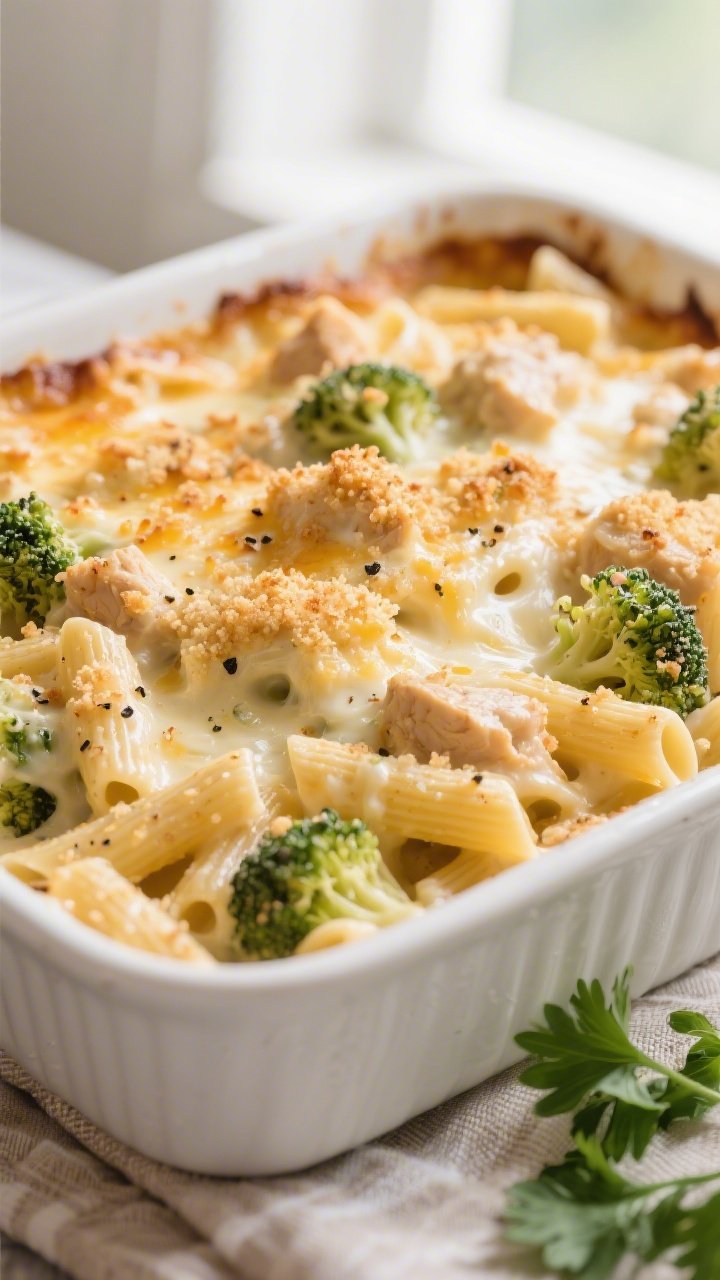 Close-up detail: Golden, bubbly Chicken Broccoli Alfredo Casserole just out of the oven, showing str