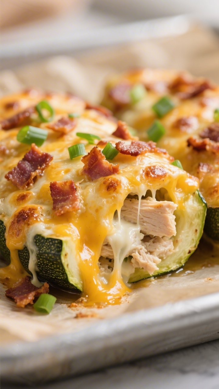Close-up detail: Golden, bubbly Keto Chicken Bacon Ranch Stuffed Zucchini just out of the oven, melt