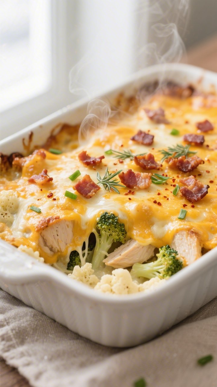 Close-up detail: Golden-bubbly Keto Chicken Bacon Ranch Casserole just out of the oven, cheese layer