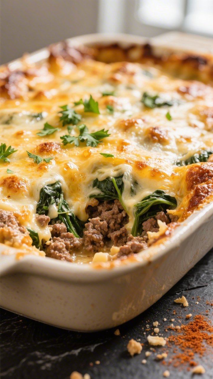Close-up detail: Golden-bubbly Keto Ground Beef Creamy Spinach Casserole just out of the oven, edges
