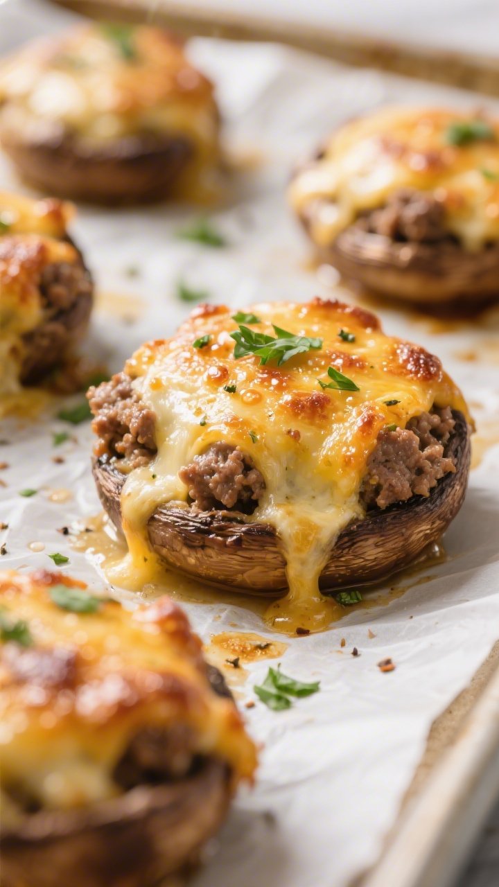 Close-up detail: Golden, bubbly keto ground beef stuffed mushrooms just out of the oven, cheese ligh