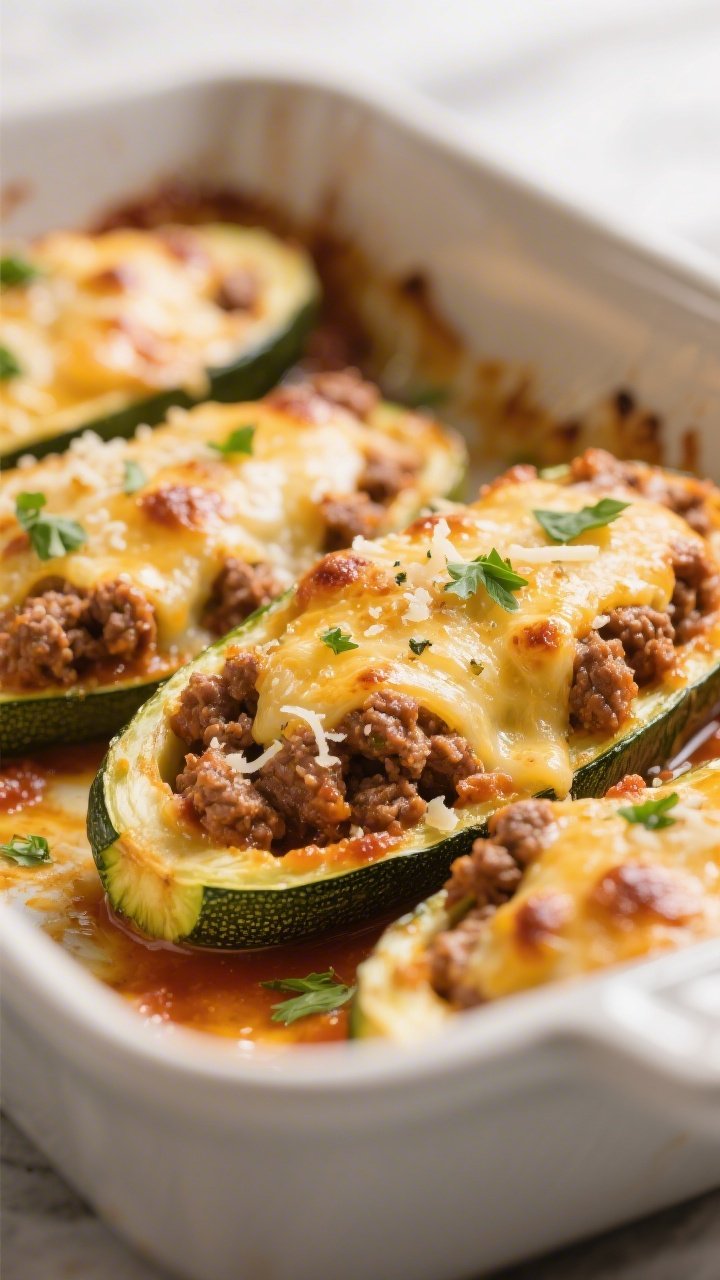 Close-up detail: Golden, bubbly keto ground beef zucchini boats just out of the oven, cheese melted 