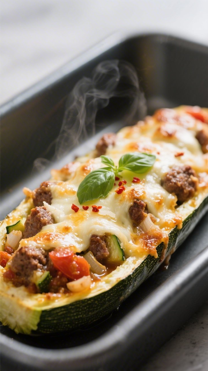 Close-up detail: Golden, bubbly Keto Italian Sausage Stuffed Zucchini Boat fresh from the oven, chee