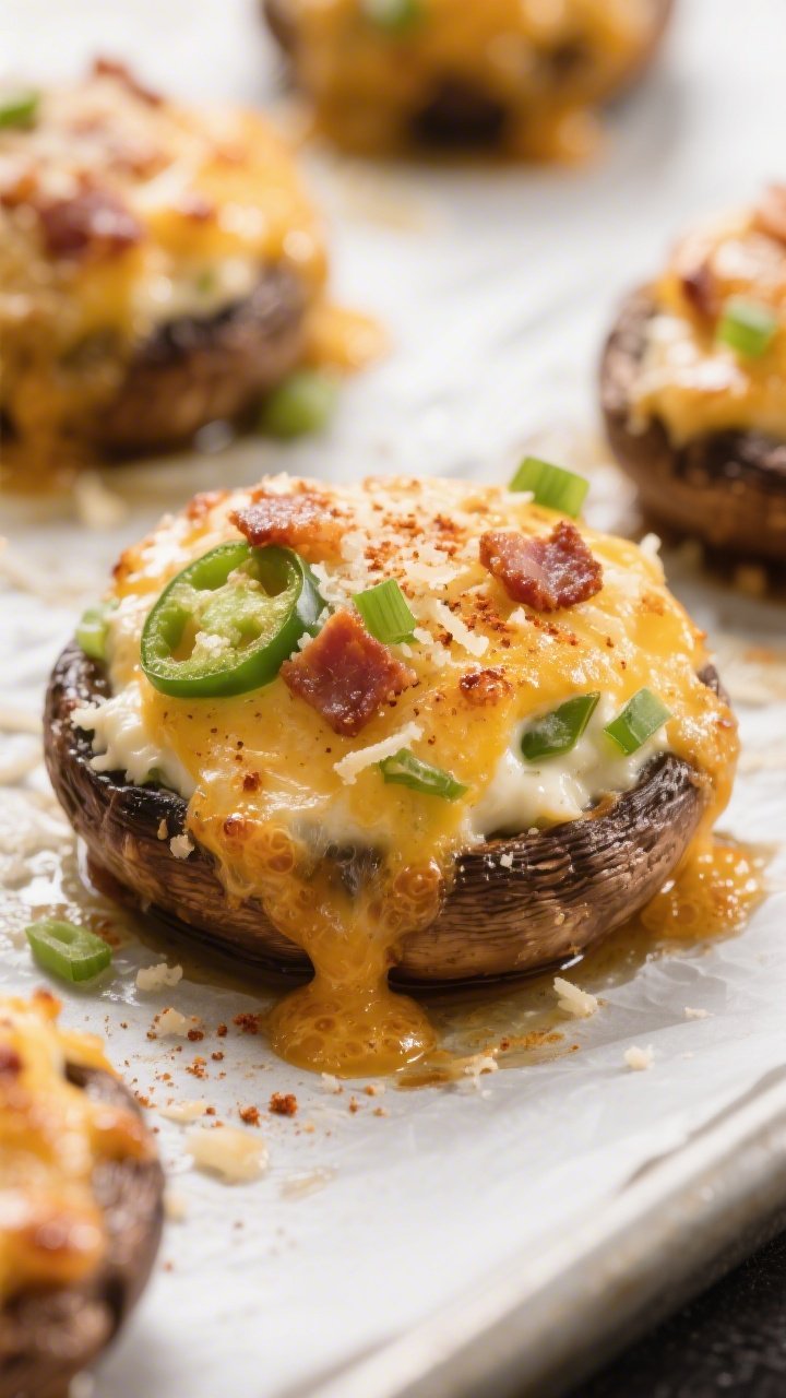 Close-up detail: Golden-bubbly Keto Jalapeño Popper Stuffed Mushrooms just out of the oven, sizzlin
