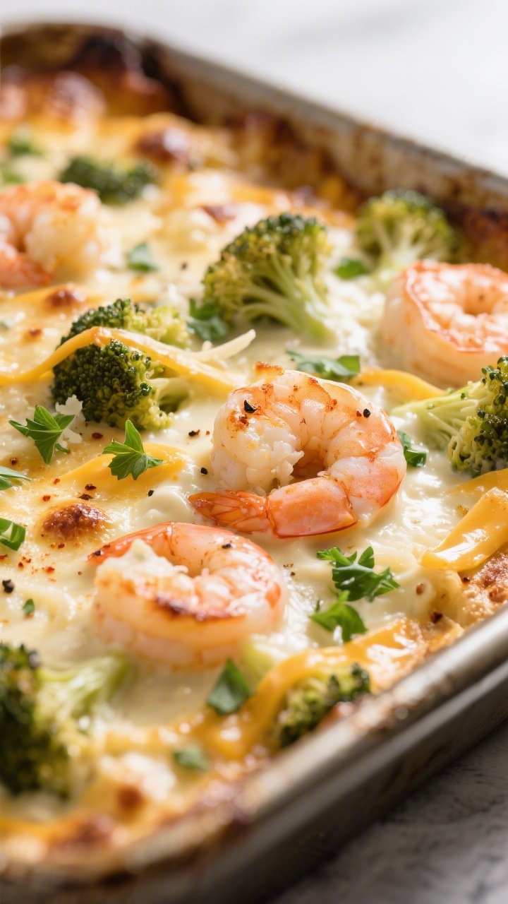 Close-up detail: Golden-bubbly Keto Shrimp and Broccoli Casserole just out of the oven, showing plum