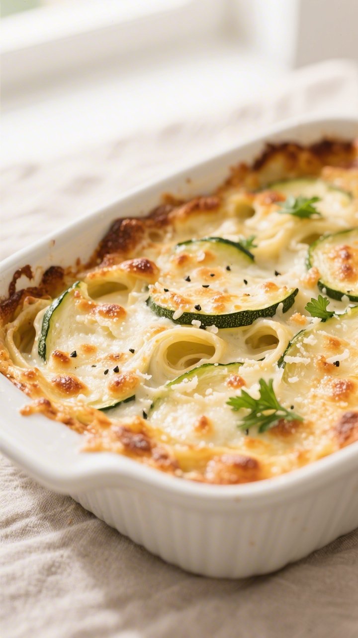 Close-up detail: Golden, bubbly Keto Zucchini Alfredo Bake just out of the oven, showing browned moz
