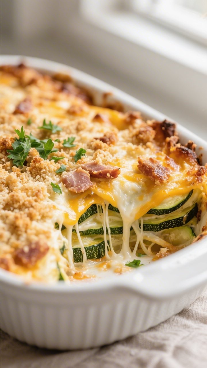 Close-up detail: Golden, bubbly keto zucchini casserole just out of the oven, showing stretchy mozza