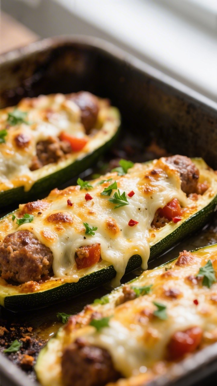 Close-up detail: Golden-bubbly keto zucchini sausage boats just out of the oven, cheese melted and l