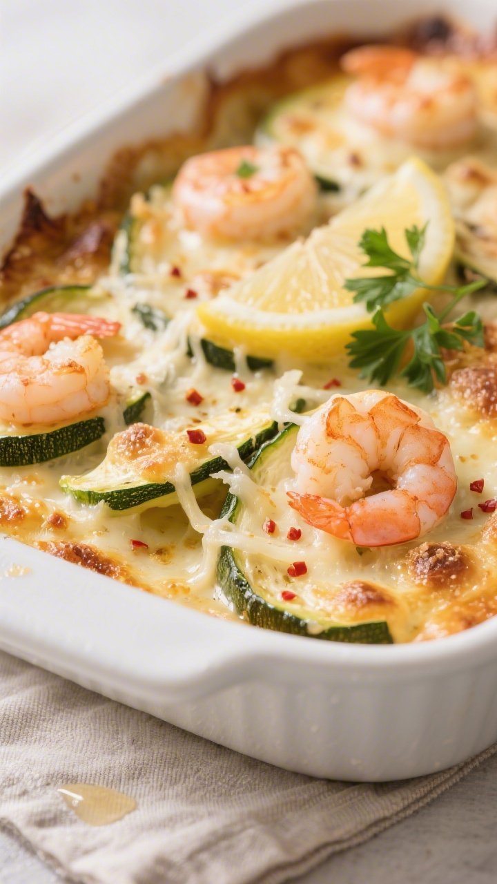 Close-up detail: Golden-bubbly Keto Zucchini Shrimp Bake just out of the oven, showing pink, perfect