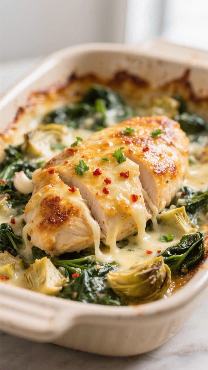 Close-up detail: Golden-bubbly spinach–artichoke topping melting over juicy baked chicken breast, 