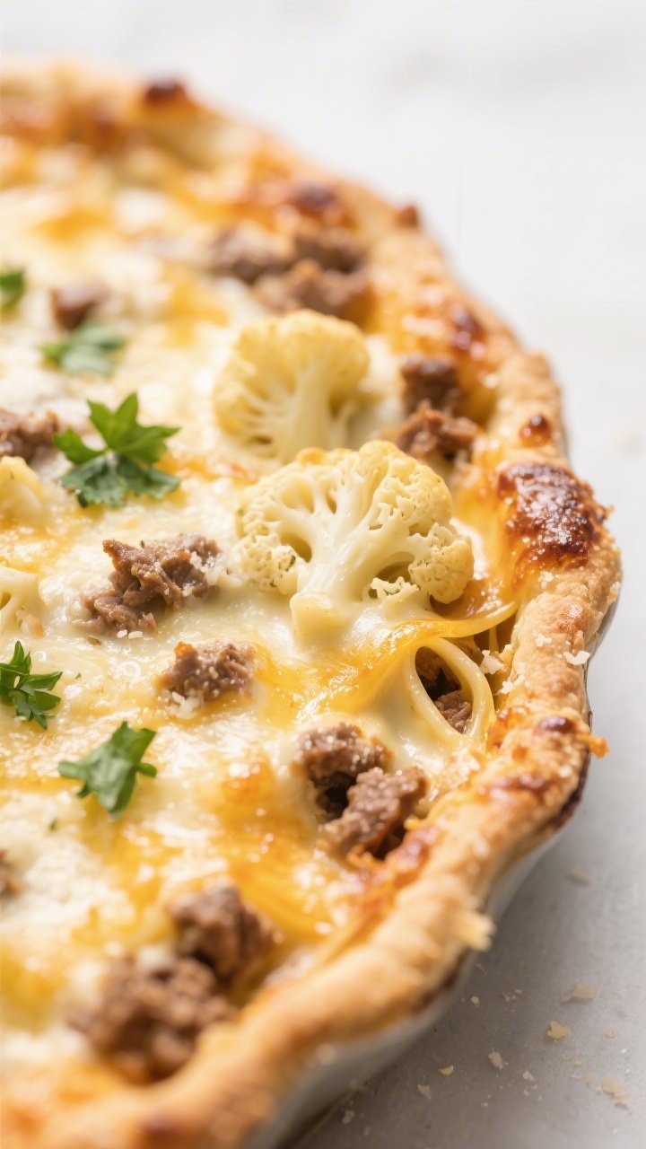 Close-up detail: Golden, bubbly top of a Keto Ground Beef Alfredo Bake just out of the oven, strands