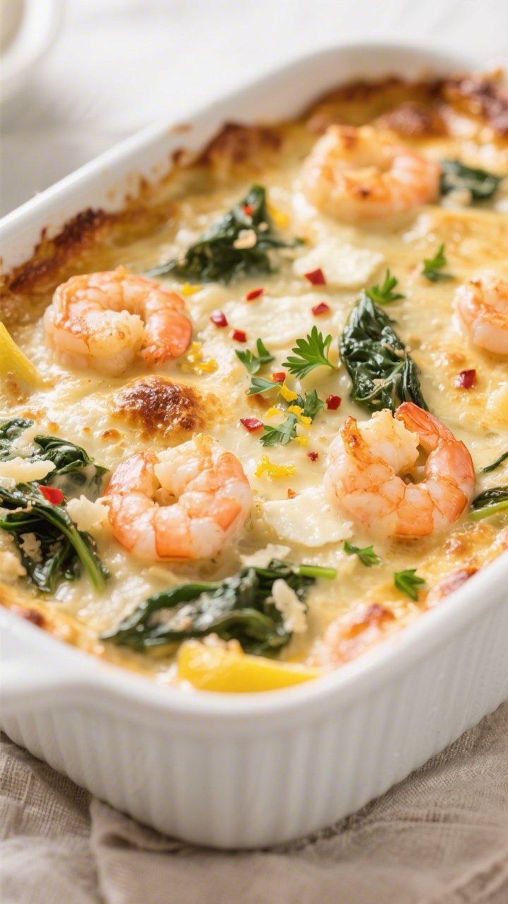Close-up detail: Golden, bubbly top of the Creamy Garlic Shrimp & Spinach Casserole just out of the 