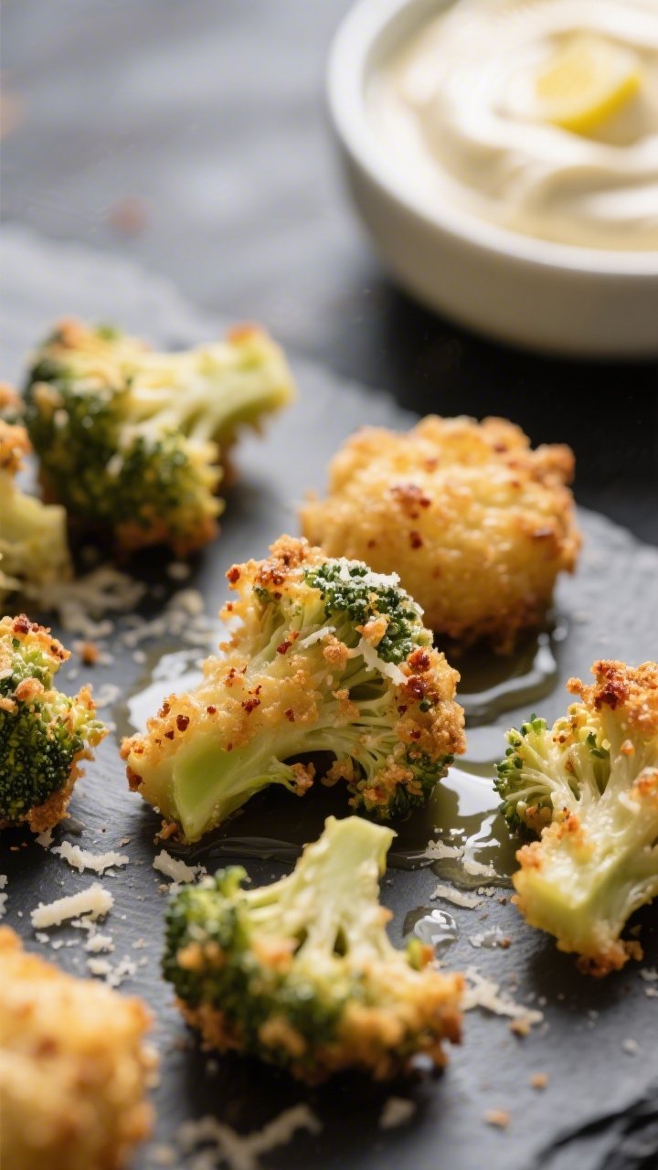 Close-up detail: Golden, crispy Parmesan broccoli bites just out of the air fryer, emphasizing the c
