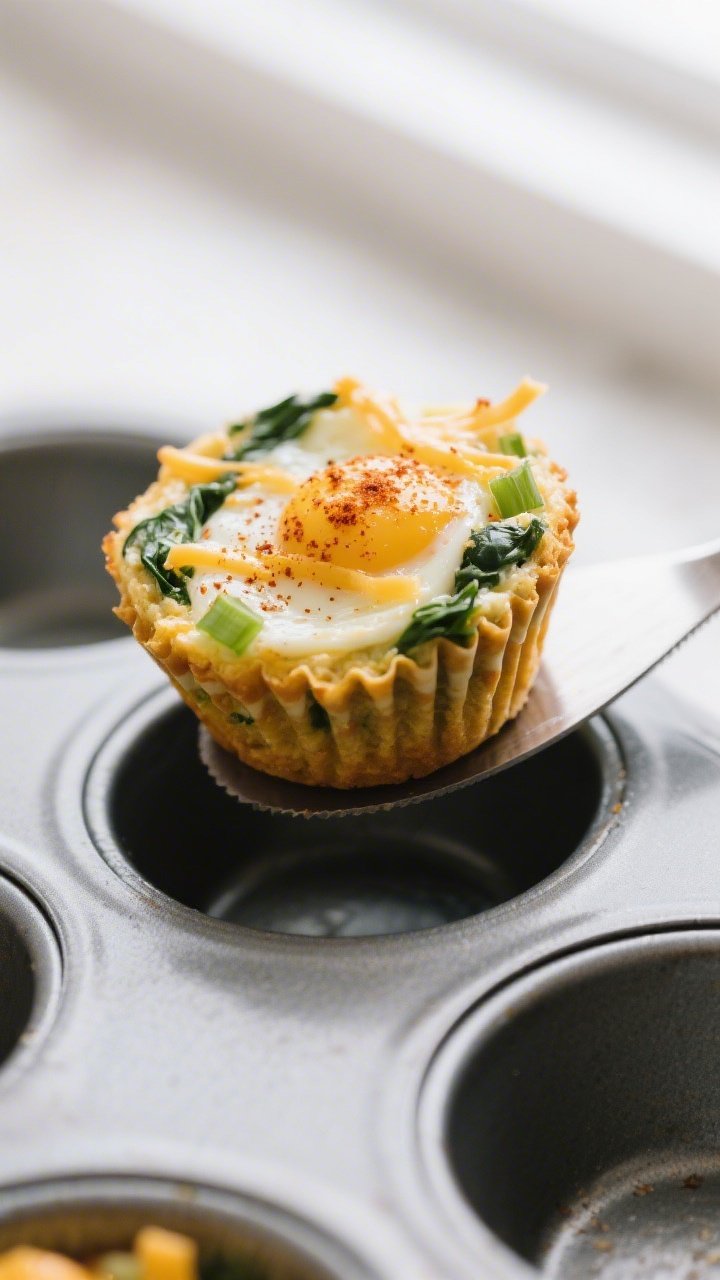 Close-up detail: Golden-edged keto egg and spinach muffin bite just out of the tin, showing tender, 