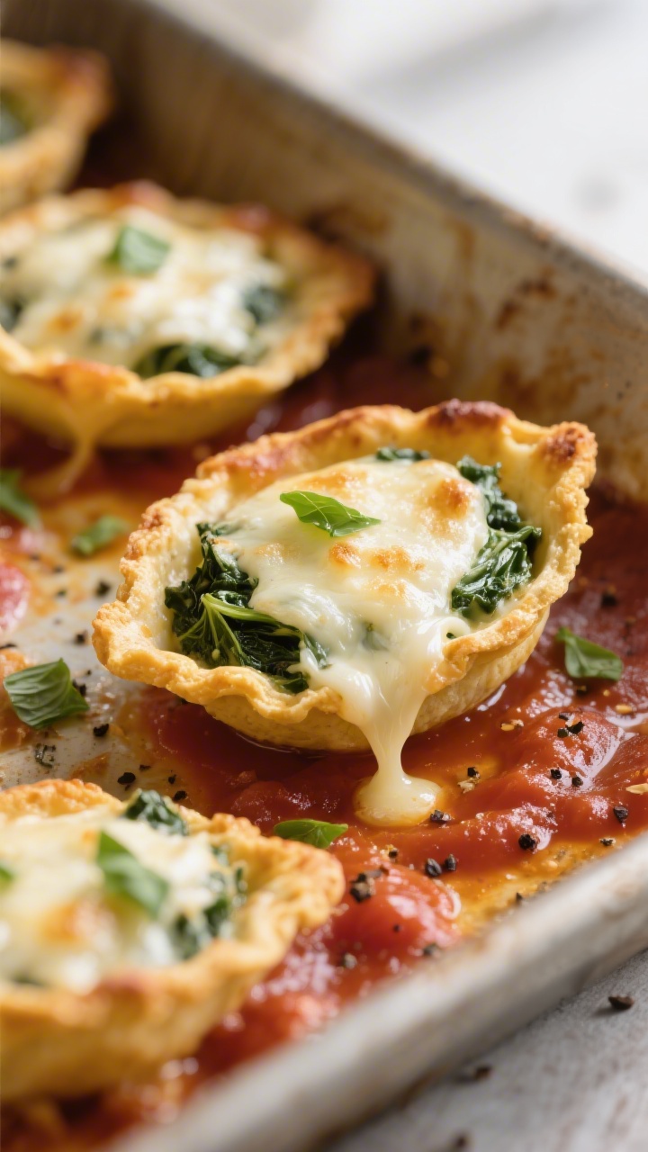 Close-up detail: Golden-edged keto “fathead” shells cradling a creamy spinach-ricotta filling, j
