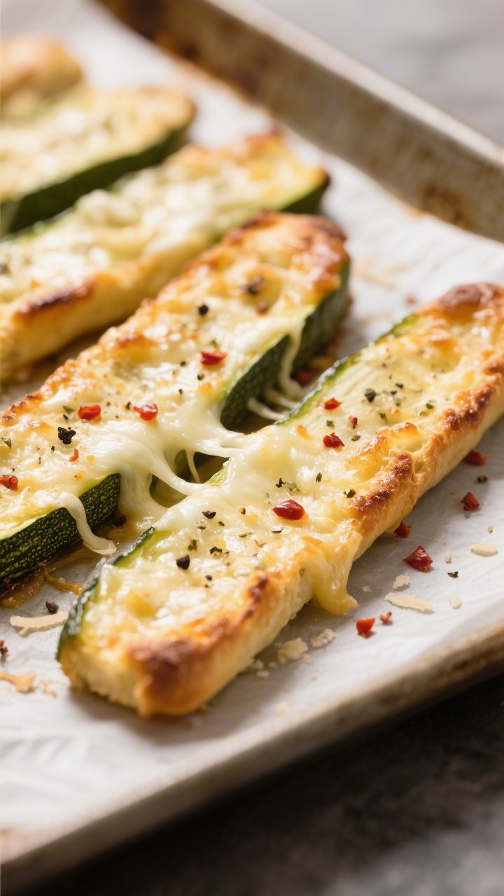 Close-up detail: Golden-edged keto zucchini garlic breadsticks just out of the broiler, cheese bubbl