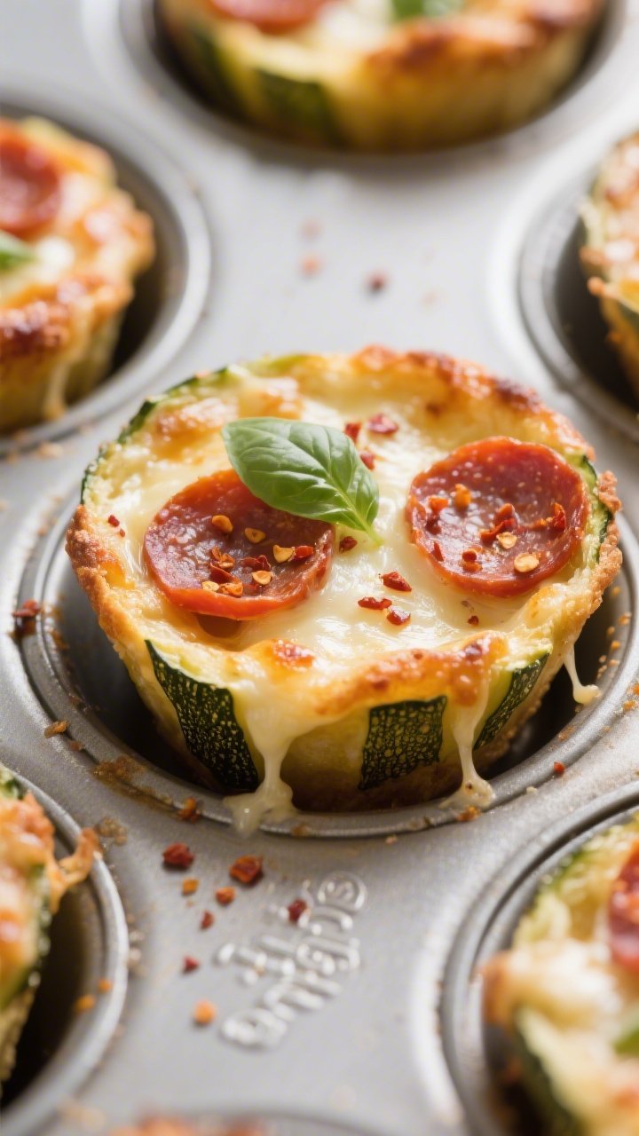 Close-up detail: Golden-edged keto zucchini pizza cups just out of the oven, cheese melted and bubbl