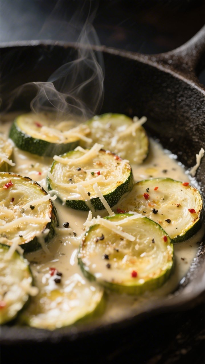 Close-up detail: Golden-edged sautéed zucchini half-moons in a cast-iron skillet, coated in a silky