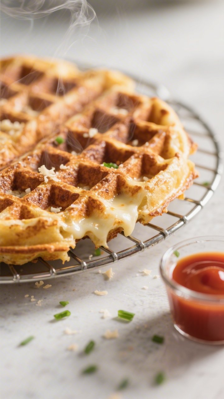 Close-up detail: Golden, freshly cooked chaffle resting on a wire rack, edges lacy and crisp from me