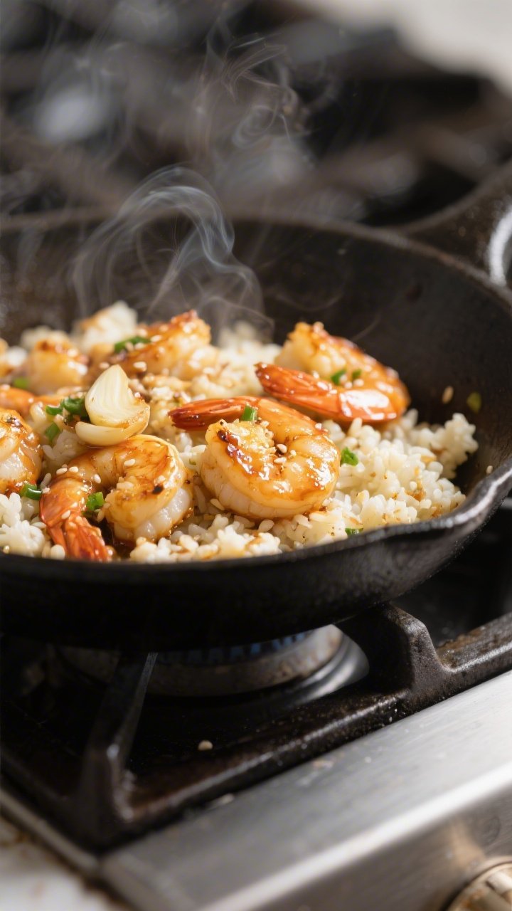 Close-up detail: Golden, garlicky shrimp searing in a carbon steel skillet with cauliflower rice tha