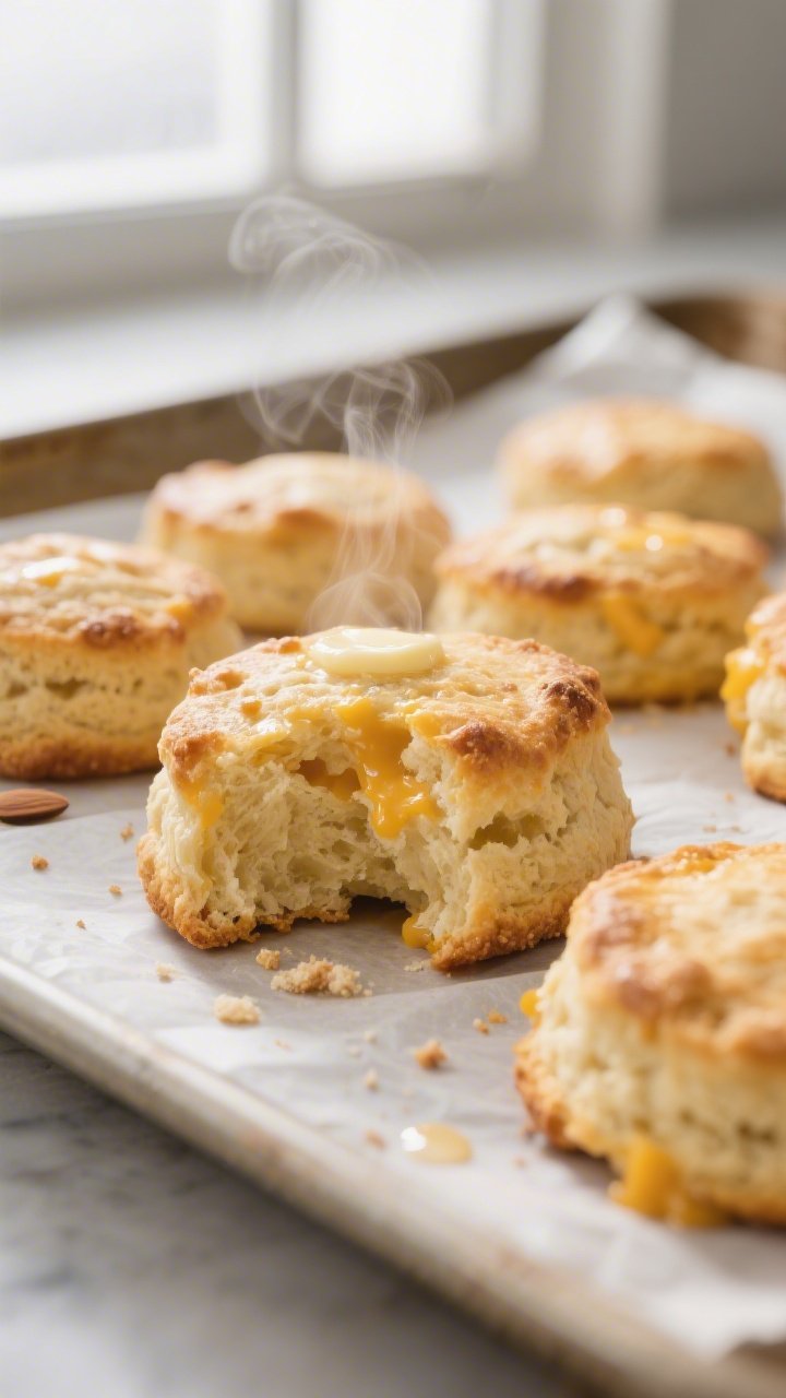Close-up detail: Golden keto biscuits just out of the oven on a parchment-lined sheet, lightly golde