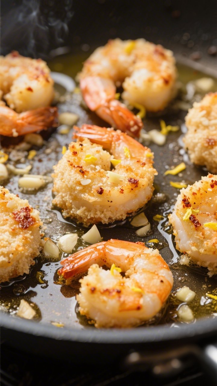 Close-up detail: Golden, pan-fried Garlic Parmesan Keto Shrimp Bites sizzling in a nonstick skillet,