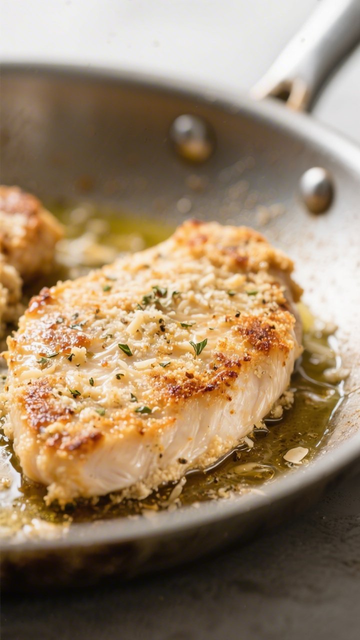 Close-up detail: Golden pan-seared keto chicken cutlets just after searing, showing a thin almond fl