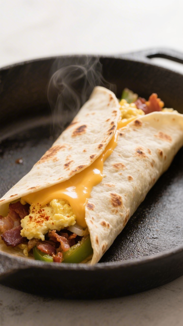 Close-up detail: Golden, pan-toasted keto breakfast burrito seam-side down in a cast-iron skillet, t