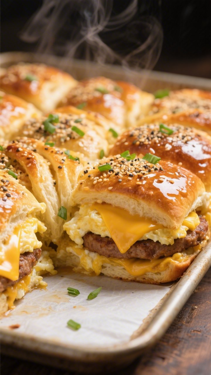 Close-up detail: Golden pull-apart breakfast sliders just out of the oven, tops brushed with a gloss