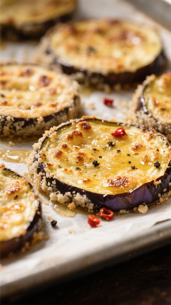 Close-up detail: Golden roasted eggplant rounds just out of the oven, almond flour and Parmesan crus