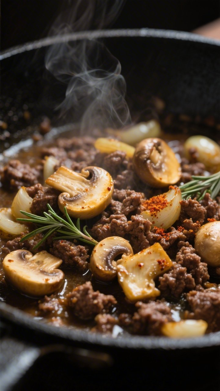 Close-up detail: Golden sautéed mushrooms and crumbled browned ground beef in a black cast-iron ski
