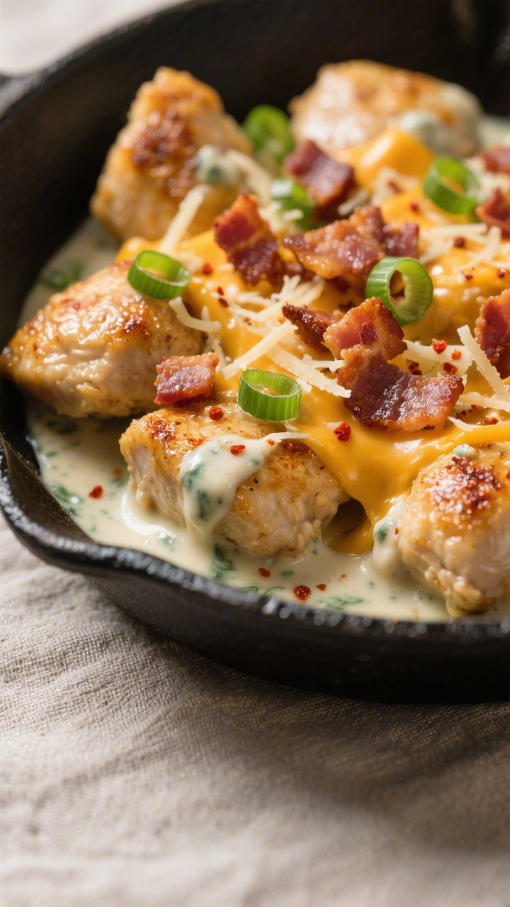 Close-up detail: Golden-seared bite-size chicken coated in glossy, ranch-kissed cream sauce with mel