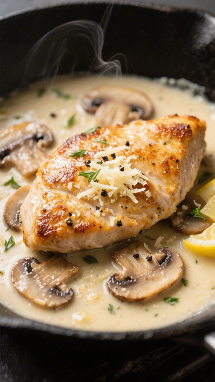 Close-up detail: Golden-seared chicken cutlet nestled in a creamy parmesan mushroom sauce, showing c