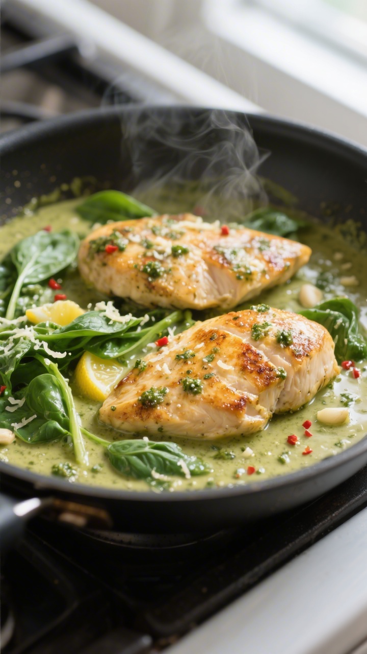 Close-up detail: Golden-seared chicken cutlets nestled in a bubbling creamy pesto sauce in a skillet