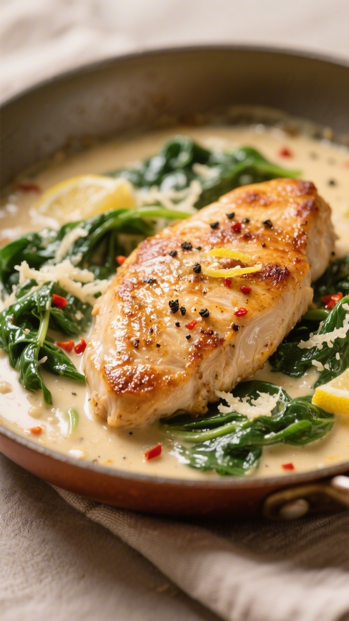Close-up detail: Golden-seared chicken cutlets nestled in a silky Parmesan cream sauce with just-wil