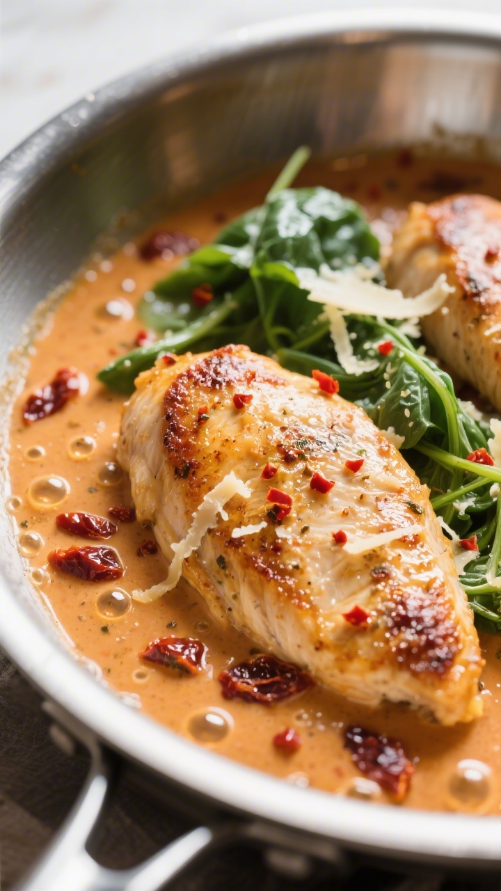 Close-up detail: Golden-seared chicken cutlets nestled in a simmering sun-dried tomato cream sauce, 