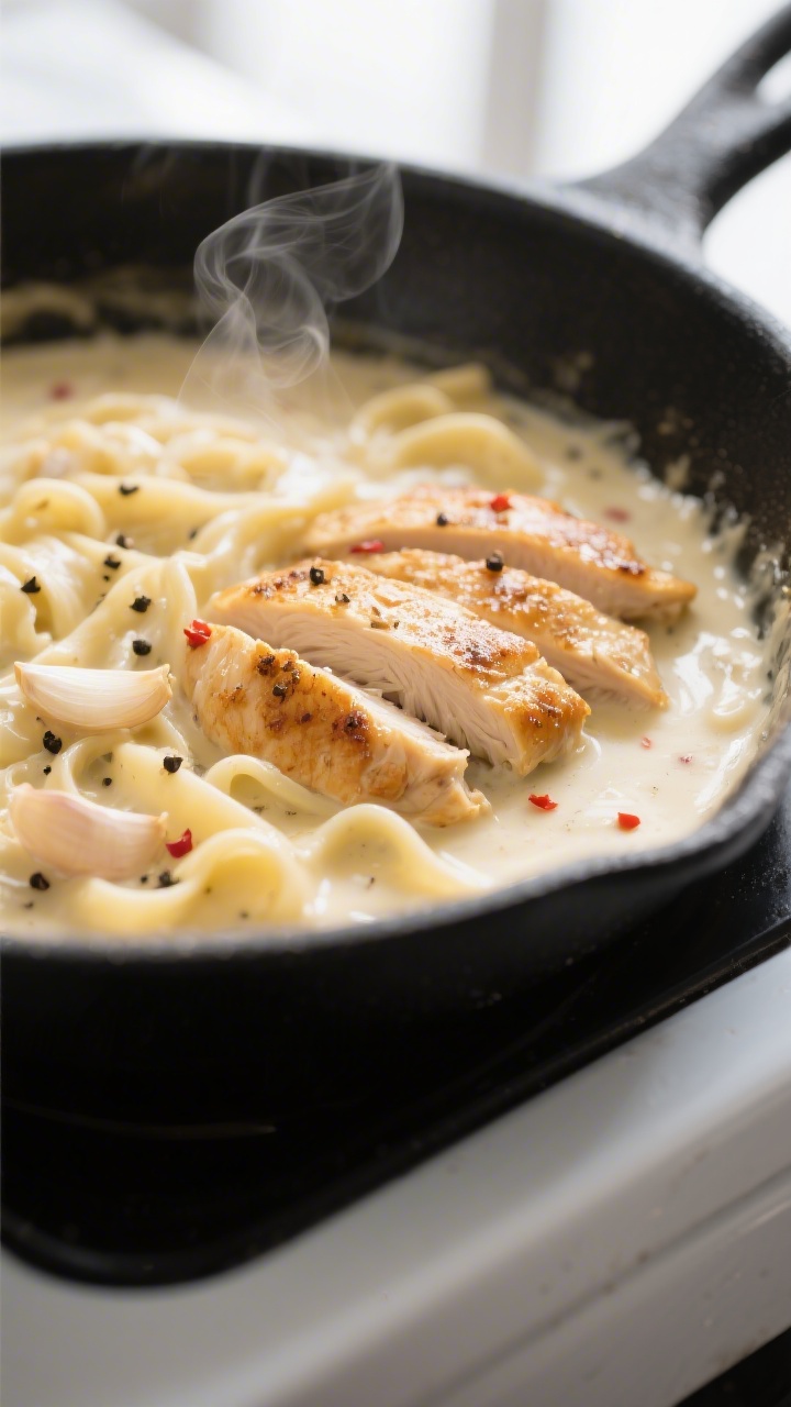 Close-up detail: Golden-seared chicken strips simmering in a silky Alfredo sauce in a wide, heavy sk
