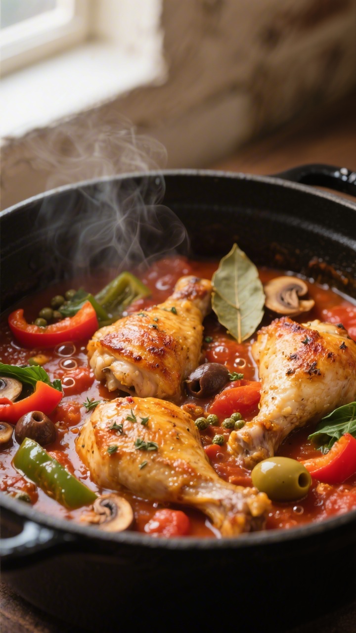 Close-up detail: Golden-seared chicken thighs in a simmering cacciatore sauce, skin blistered and cr