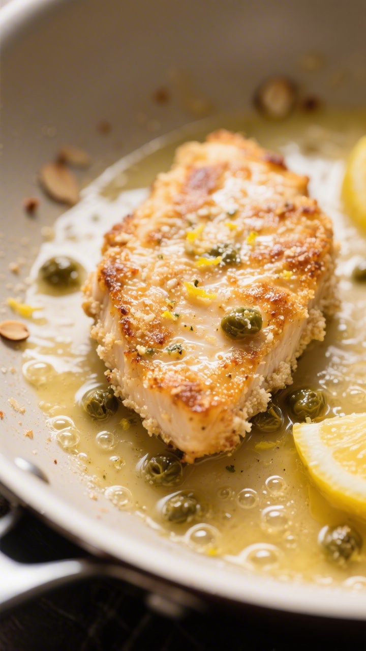 Close-up detail: Golden-seared keto chicken piccata cutlet in a skillet, edges crisp from a thin alm