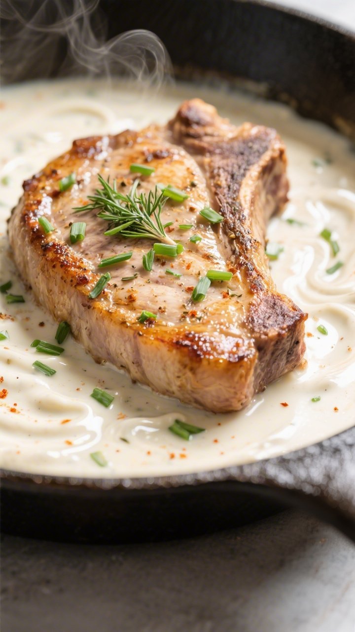 Close-up detail: Golden-seared keto ranch pork chop nestled in a skillet of ultra-creamy ranch sauce