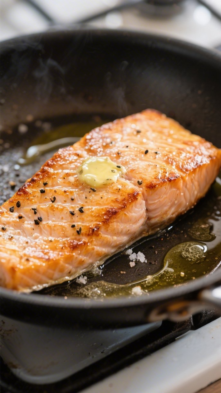 Close-up detail: Golden-seared salmon fillet just after flipping in a skillet, skin-side down with c