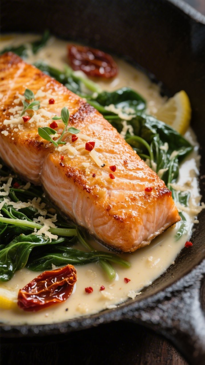 Close-up detail: Golden-seared salmon fillet nestled in a creamy garlic Parmesan sauce, with ribbons
