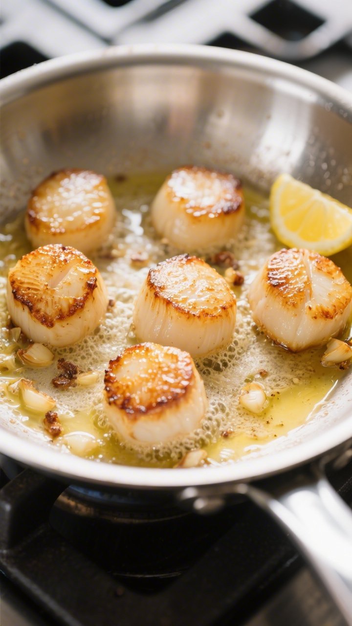 Close-up detail: Golden-seared sea scallops sizzling in a stainless-steel skillet, deep caramelized 