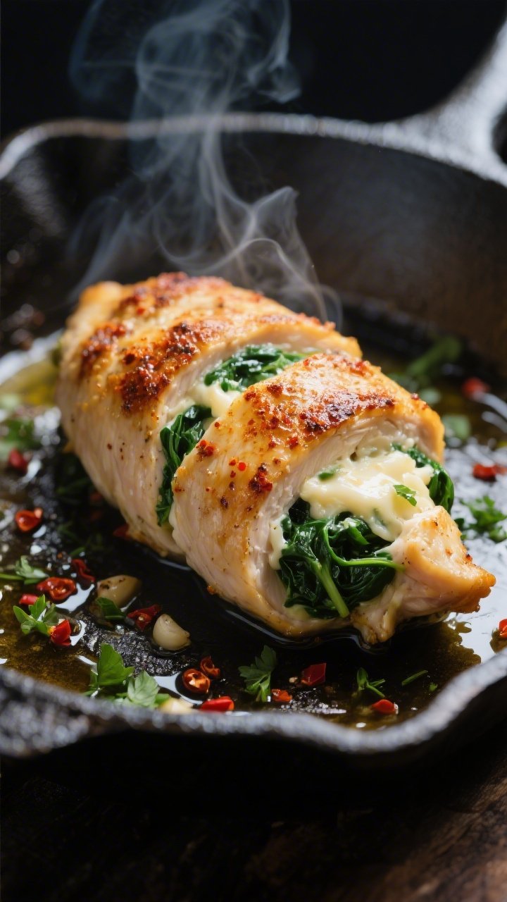 Close-up detail: Golden-seared spinach-stuffed chicken breast in a cast-iron skillet mid-cook, cream