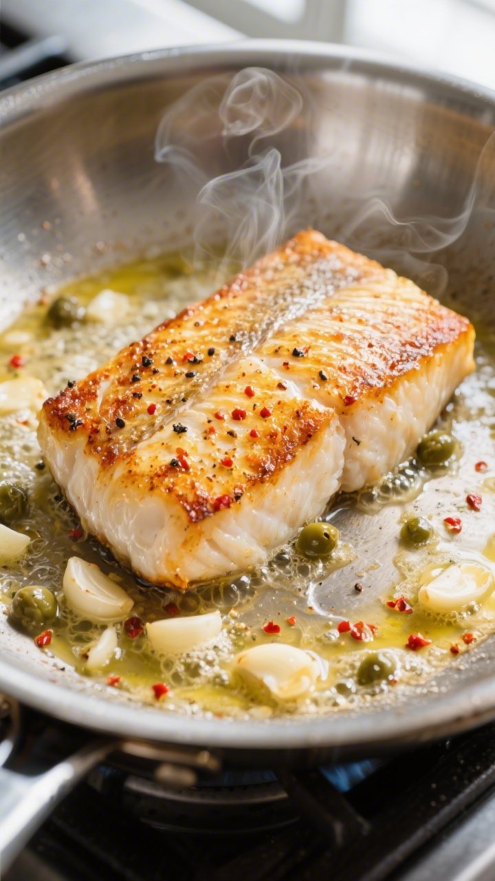 Close-up detail: Golden-seared tilapia fillet in a stainless-steel skillet, edges crisp and lightly 