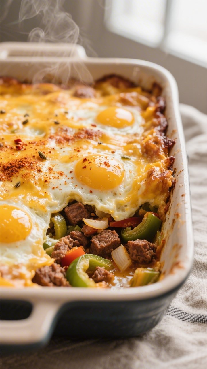 Close-up detail: Golden-topped Keto Taco Breakfast Casserole just out of the oven, showing bubbling 