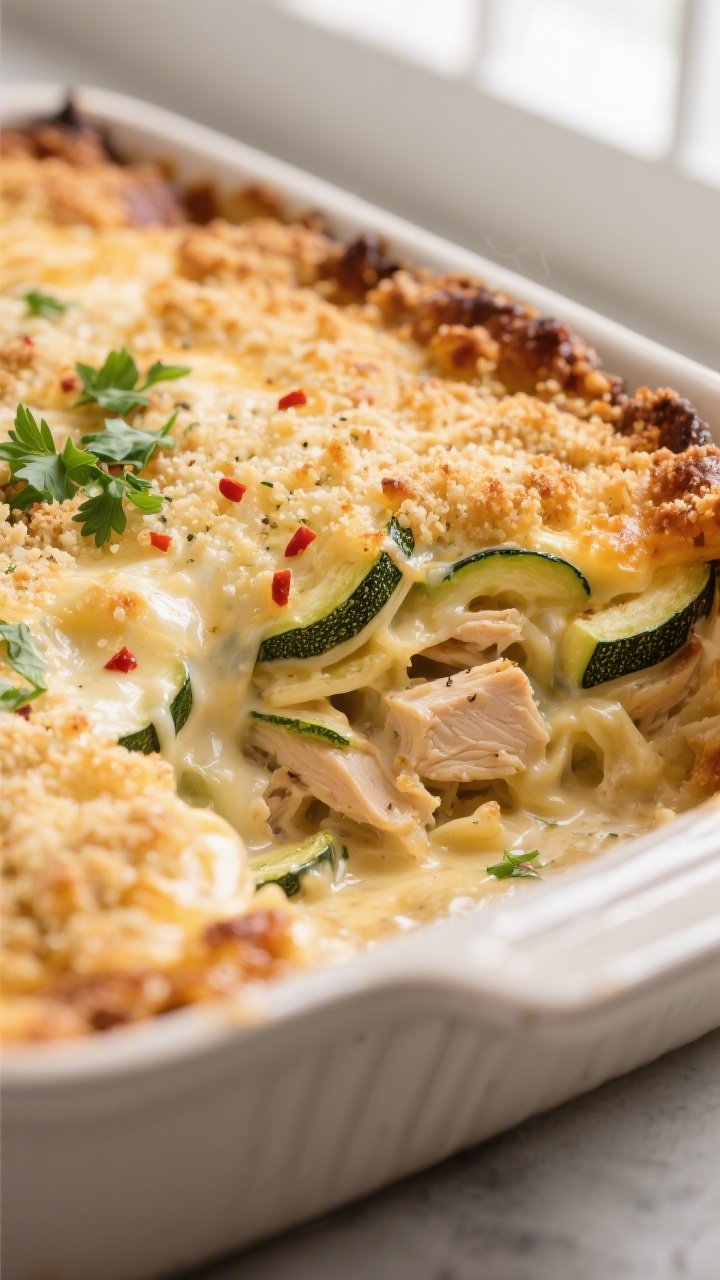 Close-up detail: Gooey, golden-brown Chicken Alfredo Zucchini Casserole just out of the oven, bubbli